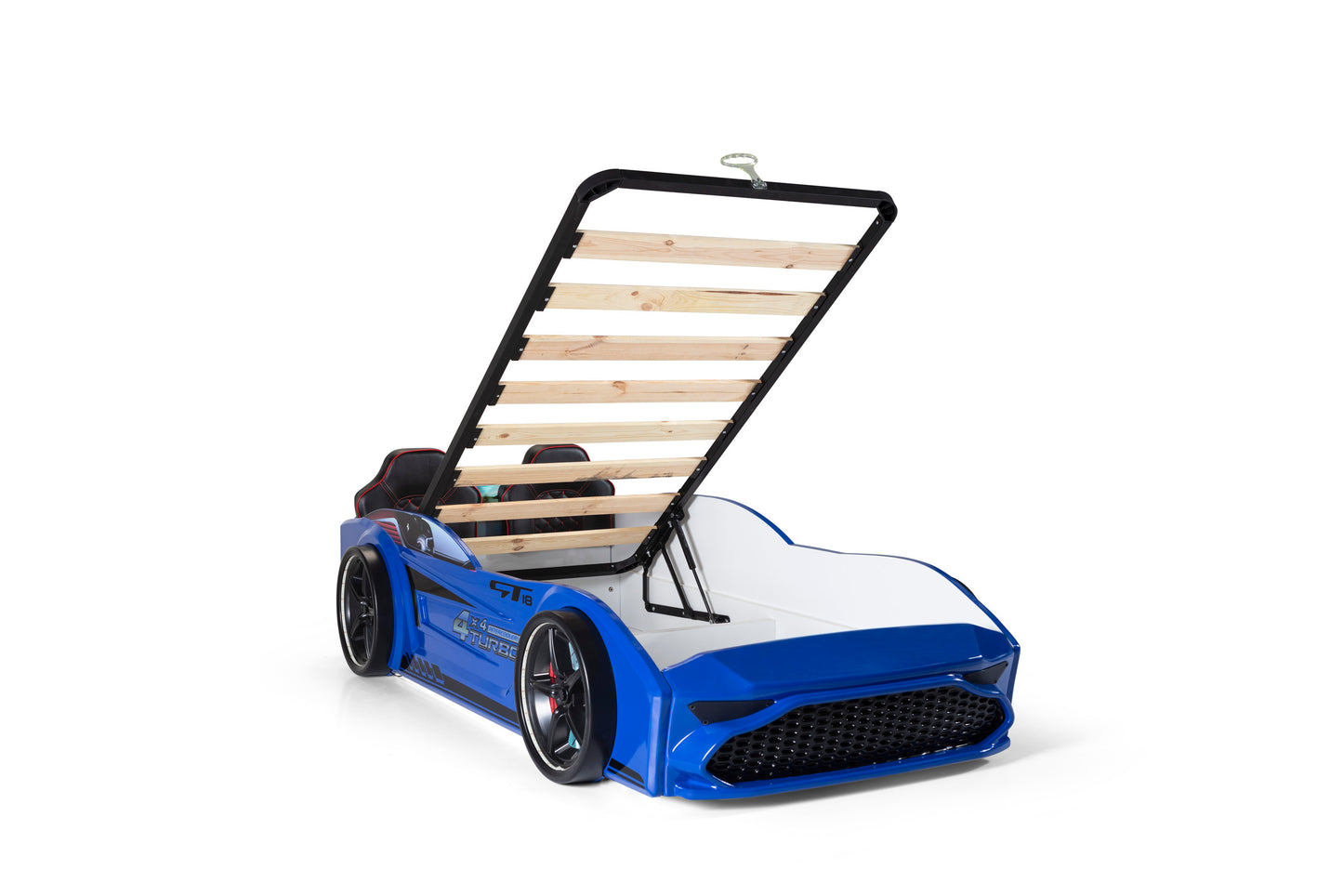 Letto singolo contenitore a forma di auto sportiva colore blu GT18, materasso incluso.