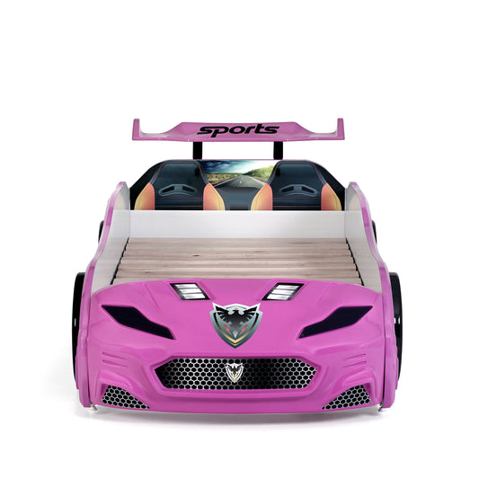 Letto singolo con secondo letto estraibile a forma di auto sportiva colore rosa FORZA2, materassi inclusi.