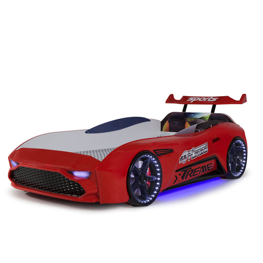 Letto singolo a forma di auto sportiva ASTON colore rosso, materasso incluso.