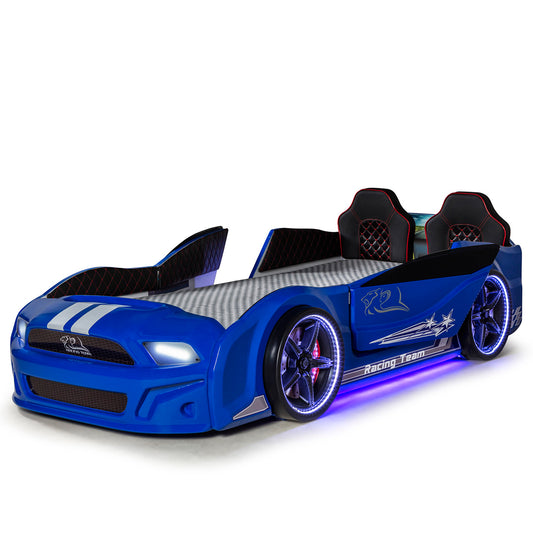 Lit conteneur simple en forme de voiture de sport MUSTANG bleue, avec portes ouvrantes, matelas inclus.