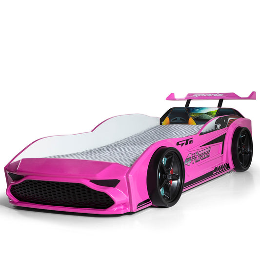 Letto singolo contenitore a forma di auto sportiva colore rosa GT18, materasso incluso.