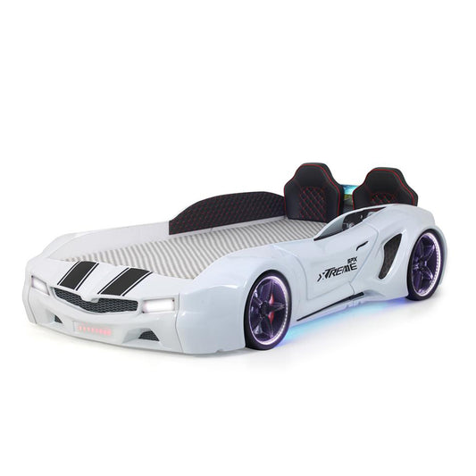 Letto singolo contenitore a forma di auto sportiva colore bianco SPX XTREME con controller e musica, materasso incluso.