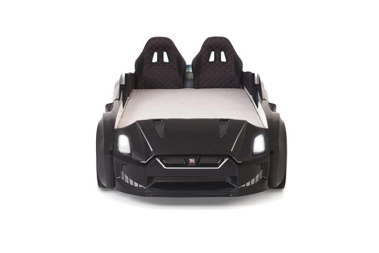 Lit conteneur simple en forme de voiture de sport GTR noire avec portes ouvrantes, matelas inclus.