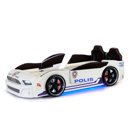 Letto singolo contenitore a forma di auto della polizia MUSTANG colore bianco, con apertura porte, materasso incluso.