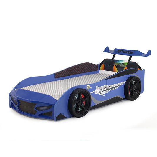 Letto singolo a forma di auto sportiva colore blu SPORT 3.0, materasso incluso.