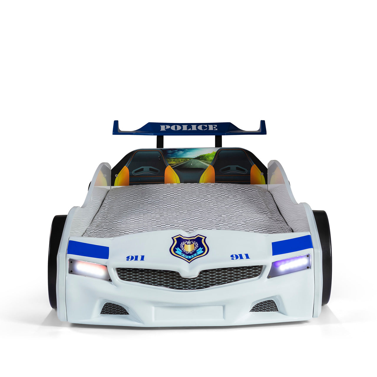 Letto singolo contenitore a forma di auto della polizia colore bianco SPX, materasso incluso.