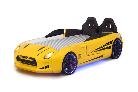 Letto singolo contenitore a forma di auto sportiva colore giallo GTR con apertura porte, materasso incluso.