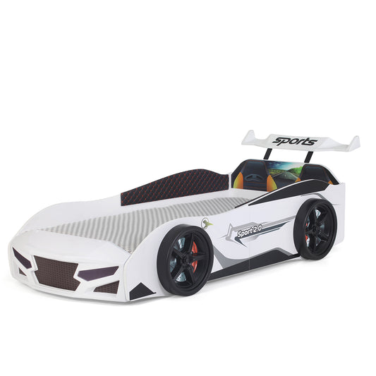 Letto singolo a forma di auto sportiva colore bianco SPORT 3.0, materasso incluso.