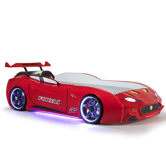 Letto singolo contenitore a forma di auto sportiva colore rosso MAXI  con comandi e musica, materasso incluso.