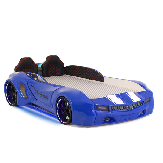 Letto singolo contenitore a forma di auto sportiva colore blu SPX XTREME con controller e musica, materasso incluso.