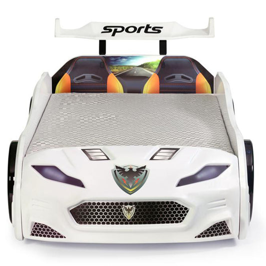 Letto singolo con secondo letto estraibile a forma di auto sportiva colore bianco FORZA2, materassi inclusi.