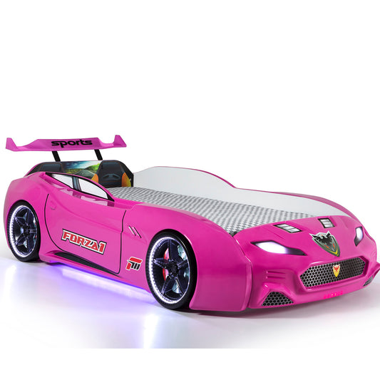 Lit conteneur simple en forme de voiture de sport MAXI rose avec commandes et musique, matelas inclus.