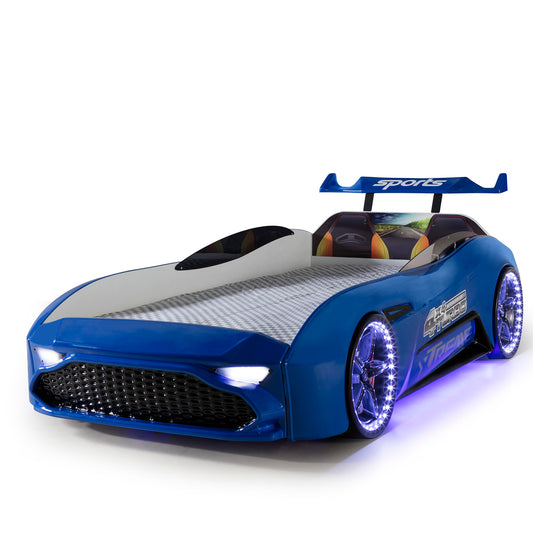 Letto singolo a forma di auto sportiva ASTON colore blu, materasso incluso.