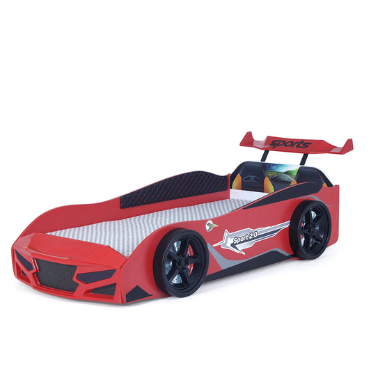 Letto singolo a forma di auto sportiva colore rosso SPORT 3.0, materasso incluso.