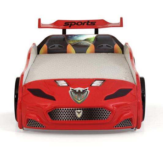 Letto singolo contenitore a forma di auto sportiva MUSTANG colore rosso, con apertura porte, materasso incluso.