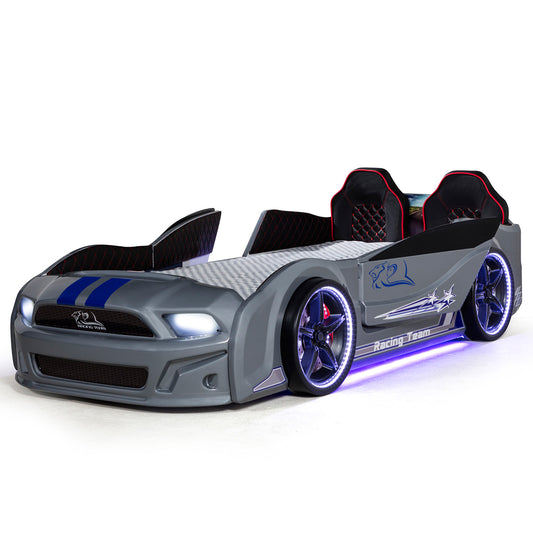 Lit conteneur simple en forme de voiture de sport MUSTANG grise, avec portes ouvrantes, matelas inclus.