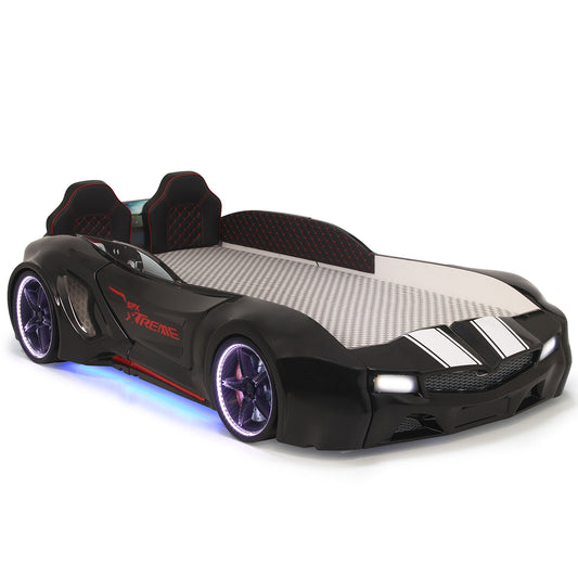 Letto singolo contenitore a forma di auto sportiva colore nero SPX XTREME con controller e musica, materasso incluso.