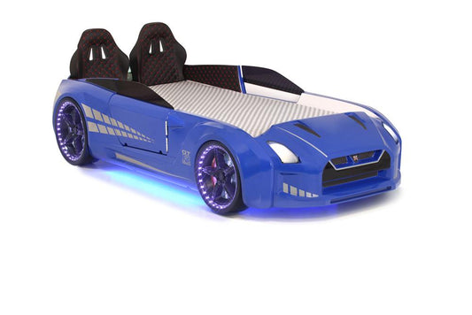 Lit conteneur simple en forme de voiture de sport GTR bleue avec portes ouvrantes, matelas inclus.