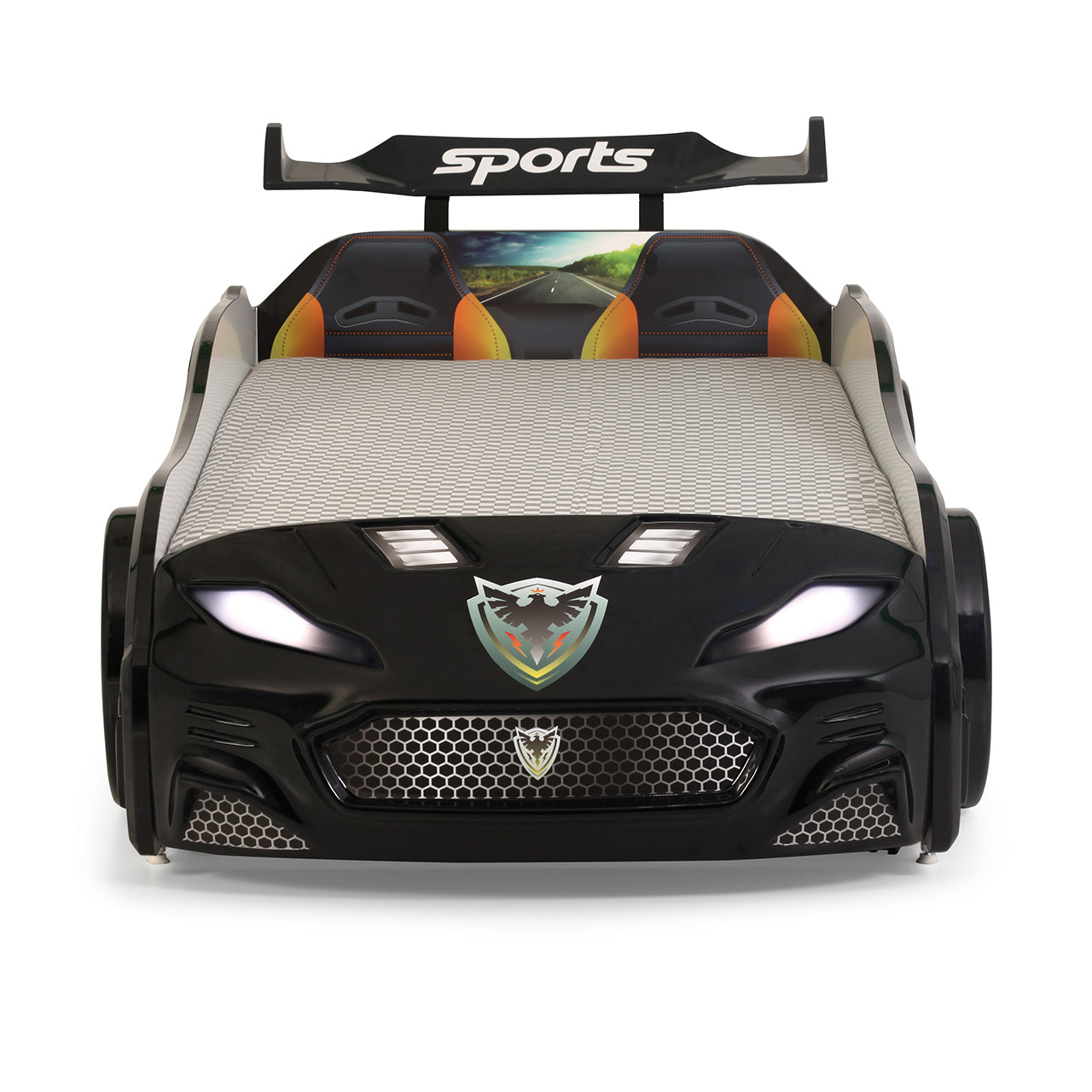 Letto singolo con secondo letto estraibile a forma di auto sportiva colore nero FORZA2, materassi inclusi.