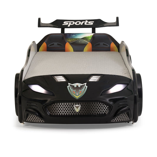 Letto singolo con secondo letto estraibile a forma di auto sportiva colore nero FORZA2, materassi inclusi.