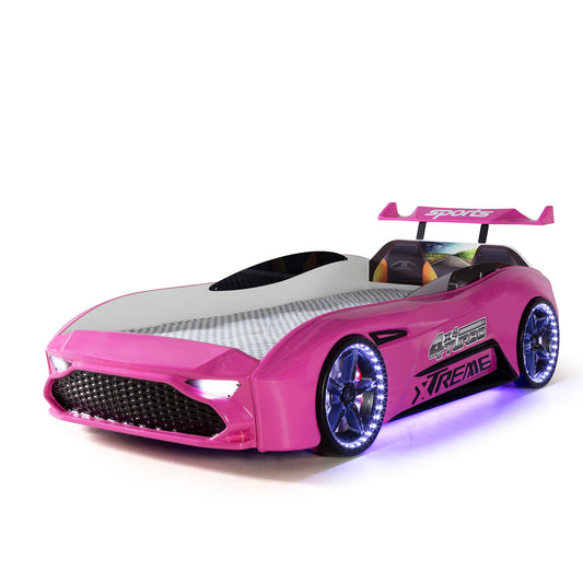 Letto singolo a forma di auto sportiva ASTON colore rosa, materasso incluso.