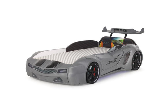 Lit conteneur simple en forme de voiture de sport gris SPX XTREME avec contrôleur et musique, matelas inclus.