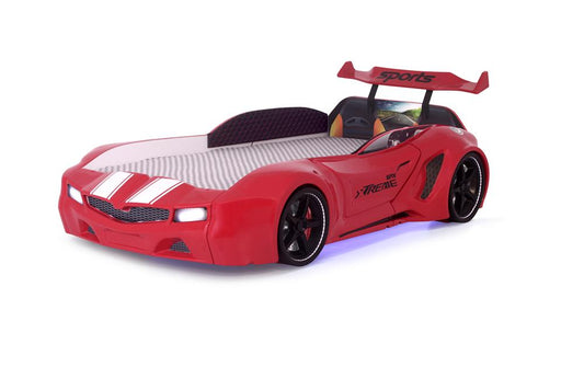 Lit coffre simple en forme de voiture de sport SPX XTREME rouge avec manette et musique, matelas inclus.