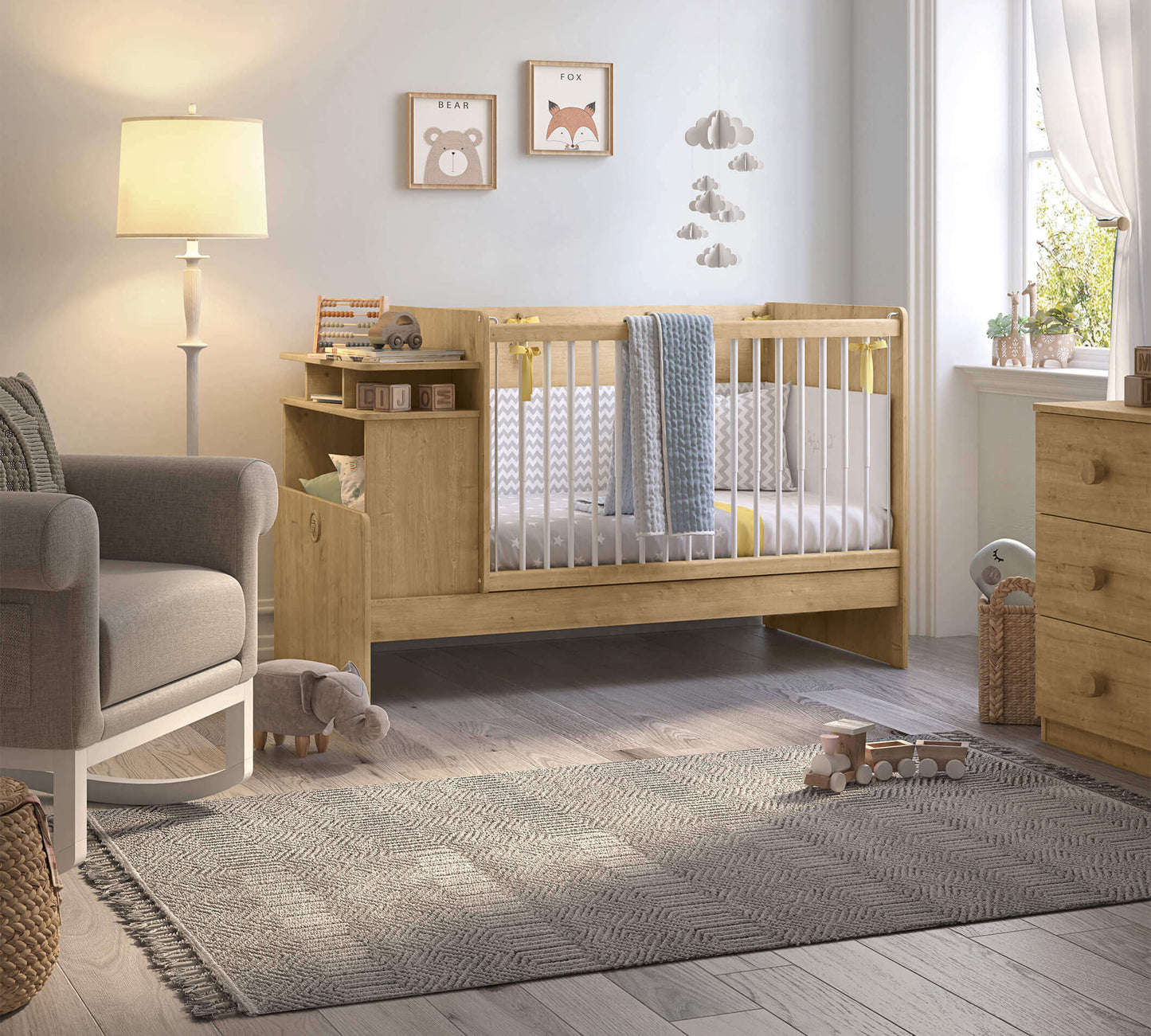 Lit bébé transformable Moka Baby avec table et poignée télescopique (70x115-70x140 Cm)