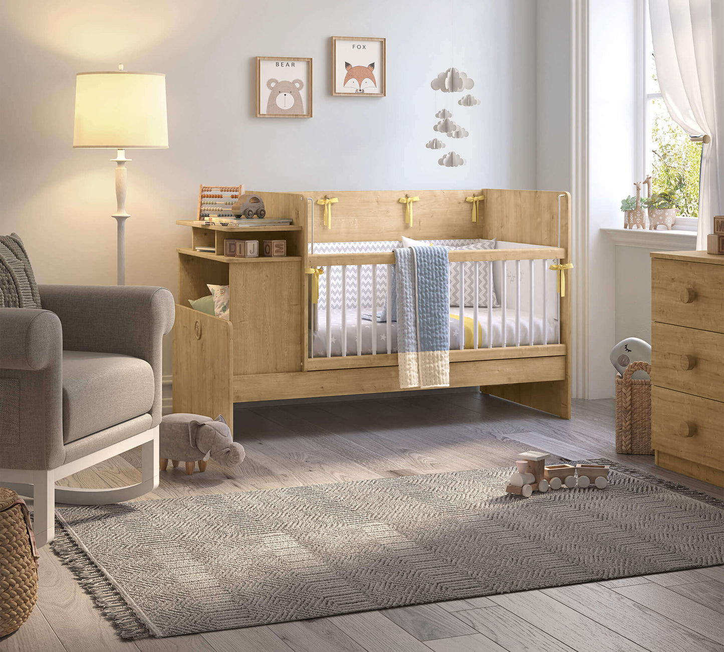 Lit bébé transformable Moka Baby avec table et poignée télescopique (70x115-70x140 Cm)