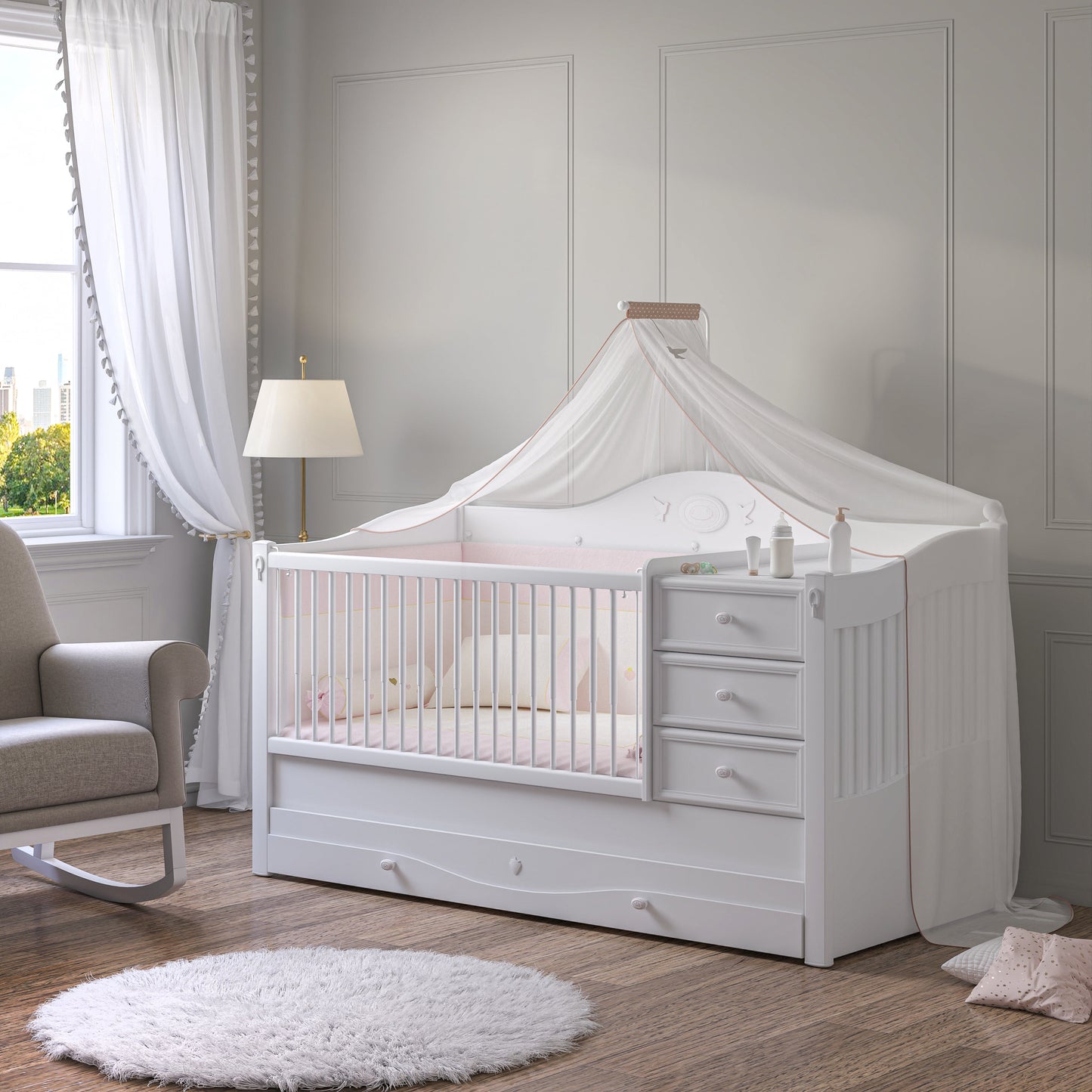 Lit bébé convertible rustique blanc (avec lit parent) (80x180 cm)