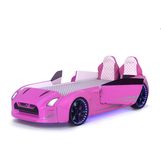 Lit conteneur simple en forme de voiture de sport GTR rose avec portes ouvrantes, matelas inclus.