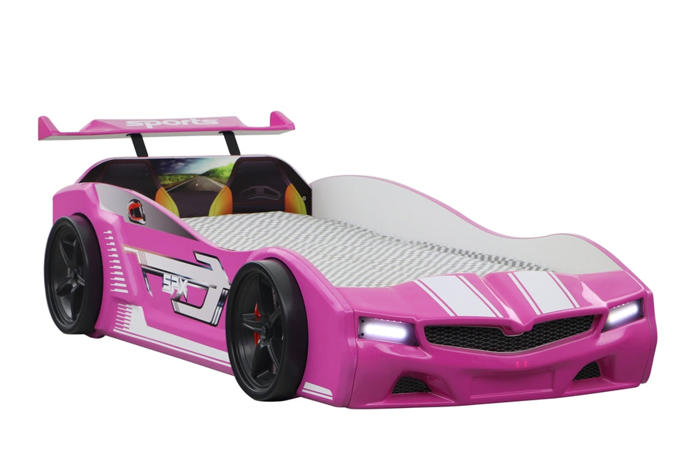 Letto singolo a forma di auto sportiva colore rosa SPX, materasso incluso.