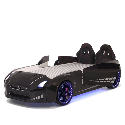 Lit conteneur simple en forme de voiture de sport GTR noire avec portes ouvrantes, matelas inclus.