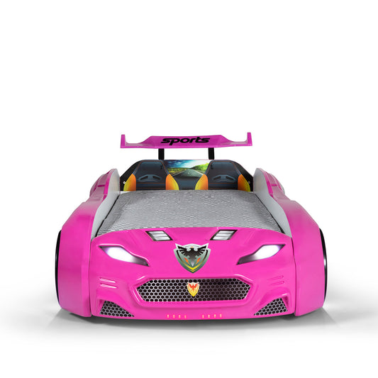 Letto singolo contenitore a forma di auto sportiva colore rosa MAXI  con comandi e musica, materasso incluso.