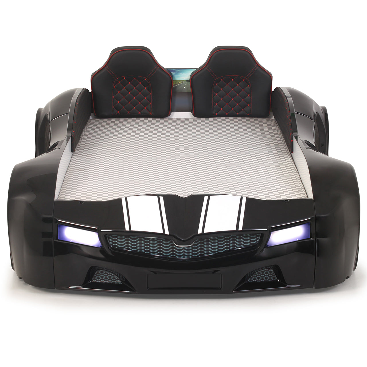 Letto singolo contenitore a forma di auto sportiva colore nero SPX XTREME con controller e musica, materasso incluso.