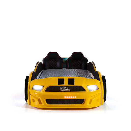 Lit conteneur simple en forme de voiture de sport MUSTANG jaune, avec portes ouvrantes, matelas inclus.