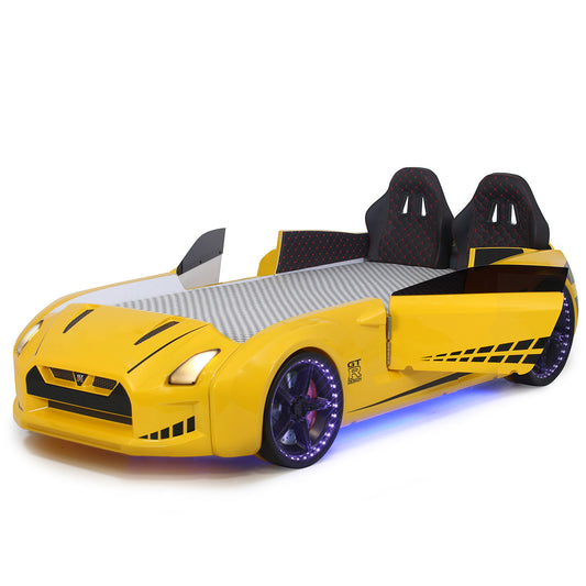 Lit conteneur simple en forme de voiture de sport GTR jaune avec portes ouvrantes, matelas inclus.