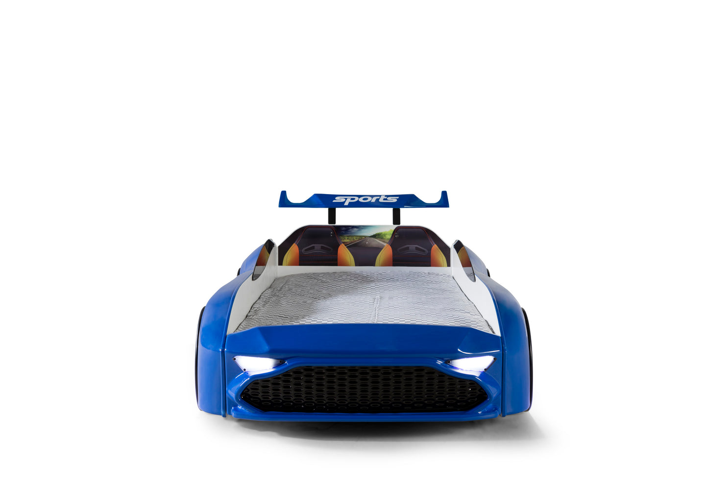 Letto singolo a forma di auto sportiva ASTON colore blu, materasso incluso.