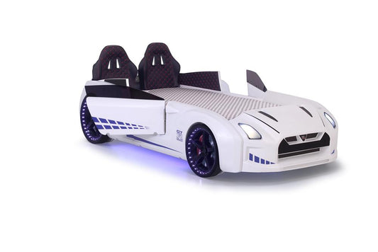 Lit conteneur simple en forme de voiture de sport GTR blanche avec portes ouvrantes, matelas inclus.