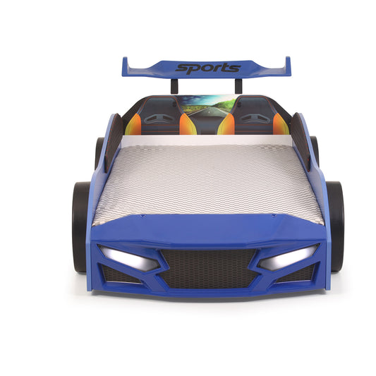 Lit simple SPORT 3.0 bleu en forme de voiture de sport, matelas inclus.