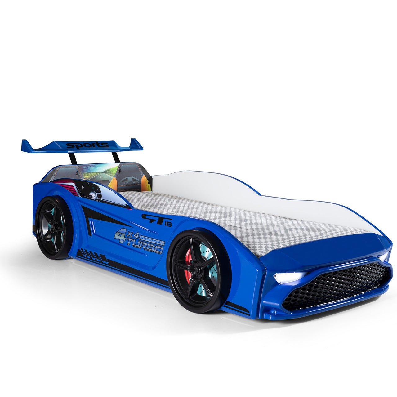 Letto singolo contenitore a forma di auto sportiva colore blu GT18, materasso incluso.