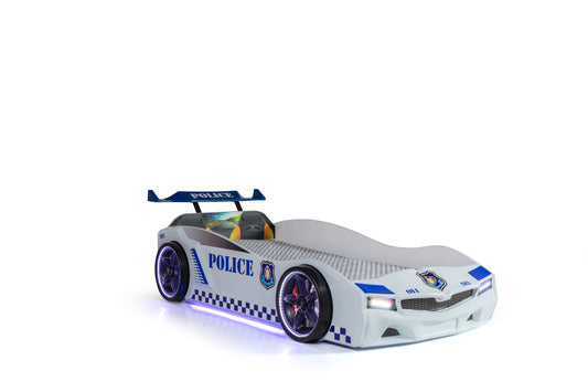 Lit conteneur simple en forme de voiture de police blanc SPX, matelas inclus.