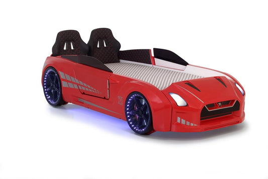 Lit conteneur simple en forme de voiture de sport GTR rouge avec portes ouvrantes, matelas inclus.