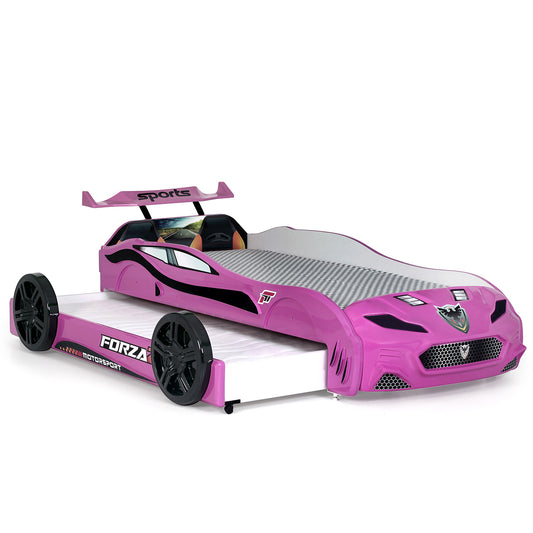 Einzelbett mit zweitem ausziehbarem Bett in Form eines rosa Sportwagens FORZA2, Matratzen inklusive.