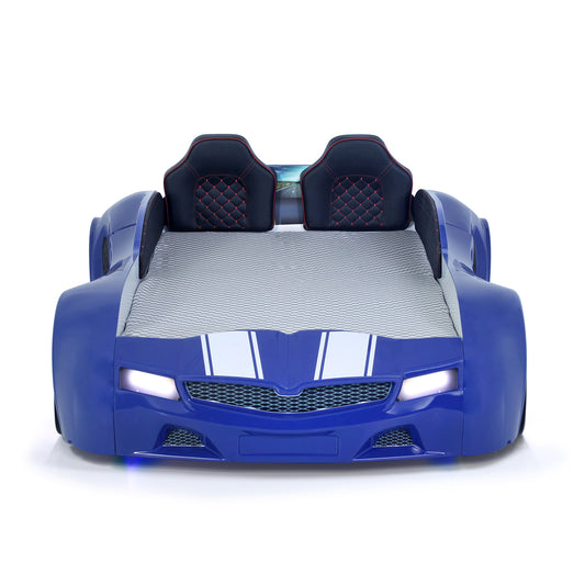 Lit coffre simple SPX XTREME bleu en forme de voiture de sport avec manette et musique, matelas inclus.