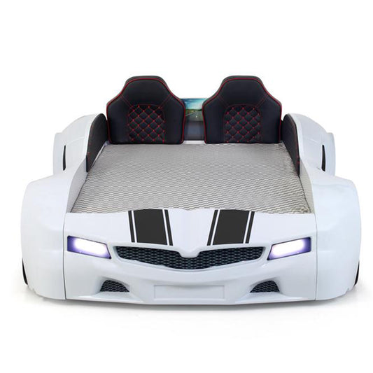 Lit coffre simple en forme de voiture de sport blanc SPX XTREME avec manette et musique, matelas inclus.