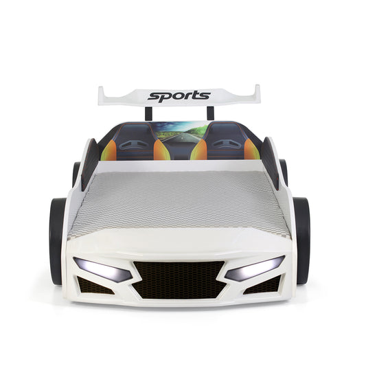 Letto singolo a forma di auto sportiva colore bianco SPORT 3.0, materasso incluso.