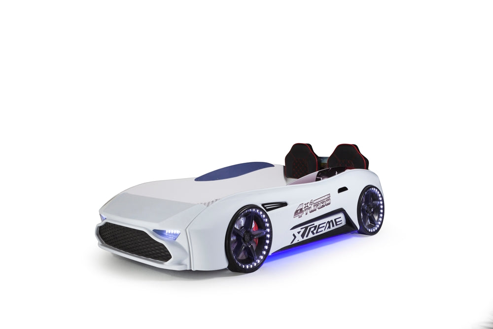 Lit simple en forme de voiture de sport ASTON de couleur blanche, matelas inclus.