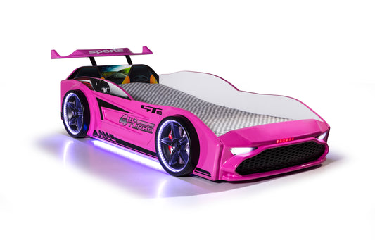 Letto singolo contenitore a forma di auto sportiva colore rosa GT18, materasso incluso.