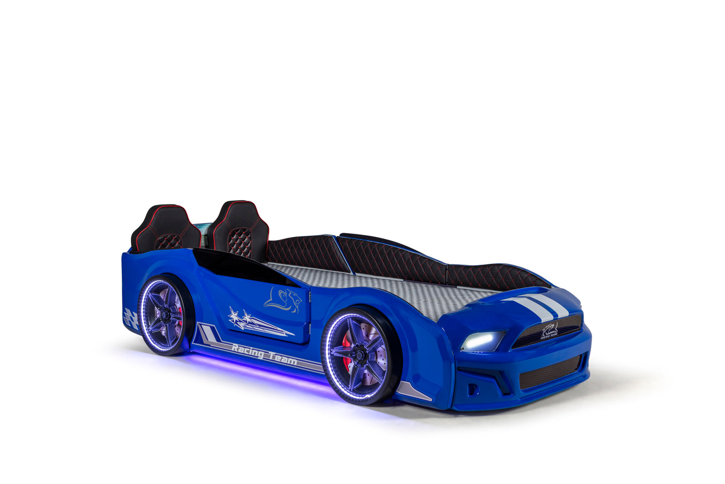 Letto singolo contenitore a forma di auto sportiva MUSTANG colore blu, con apertura porte, materasso incluso.
